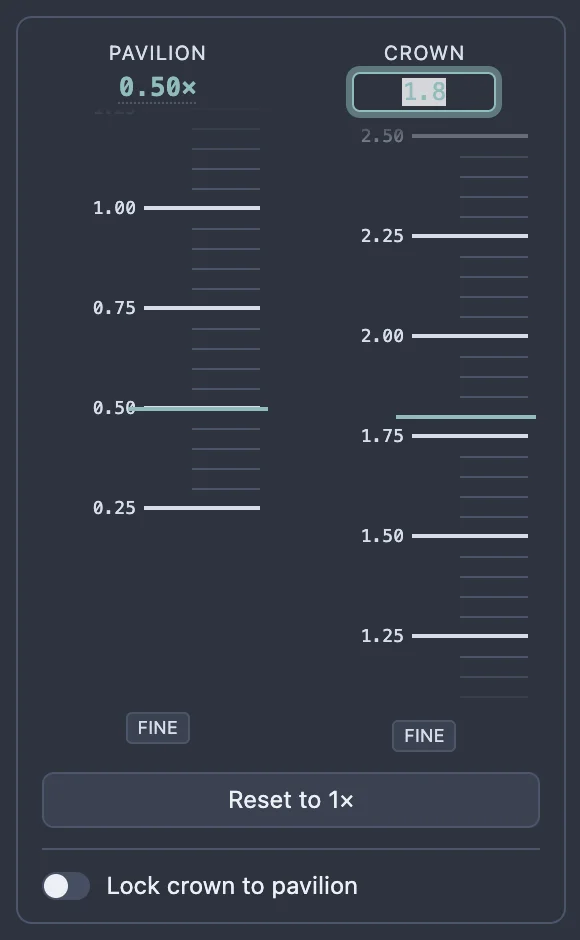 The Crown gauge's reading replaced by a text box, ready to type an exact ratio.