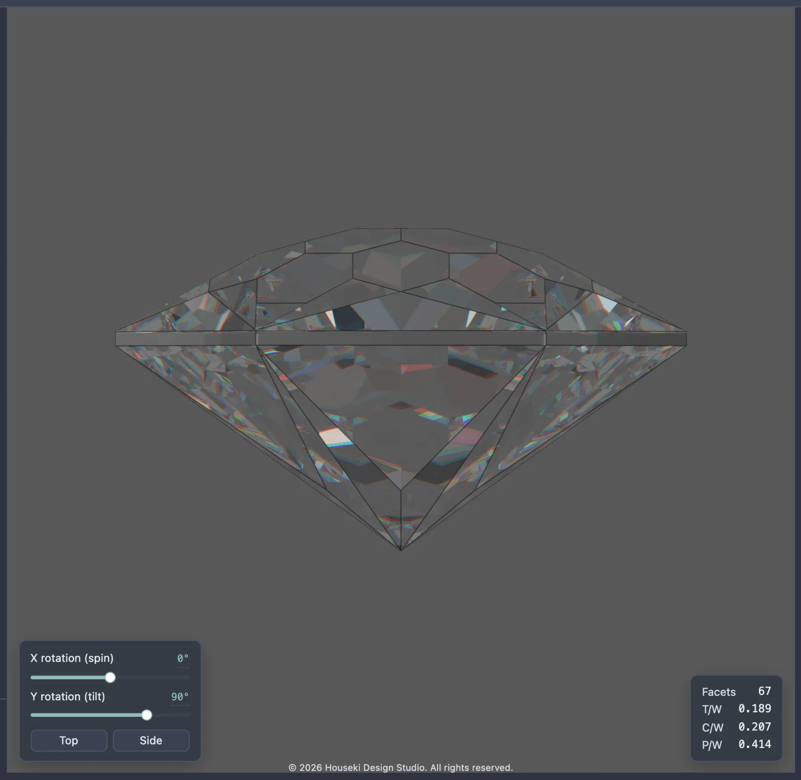 The stone from the side at Pavilion 1.00x and Crown 1.00x, its original proportions.