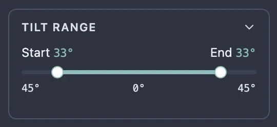 The Tilt range card: Start and End readouts above a slider with two handles, one either side of 0°, and 45° at each end of the scale.